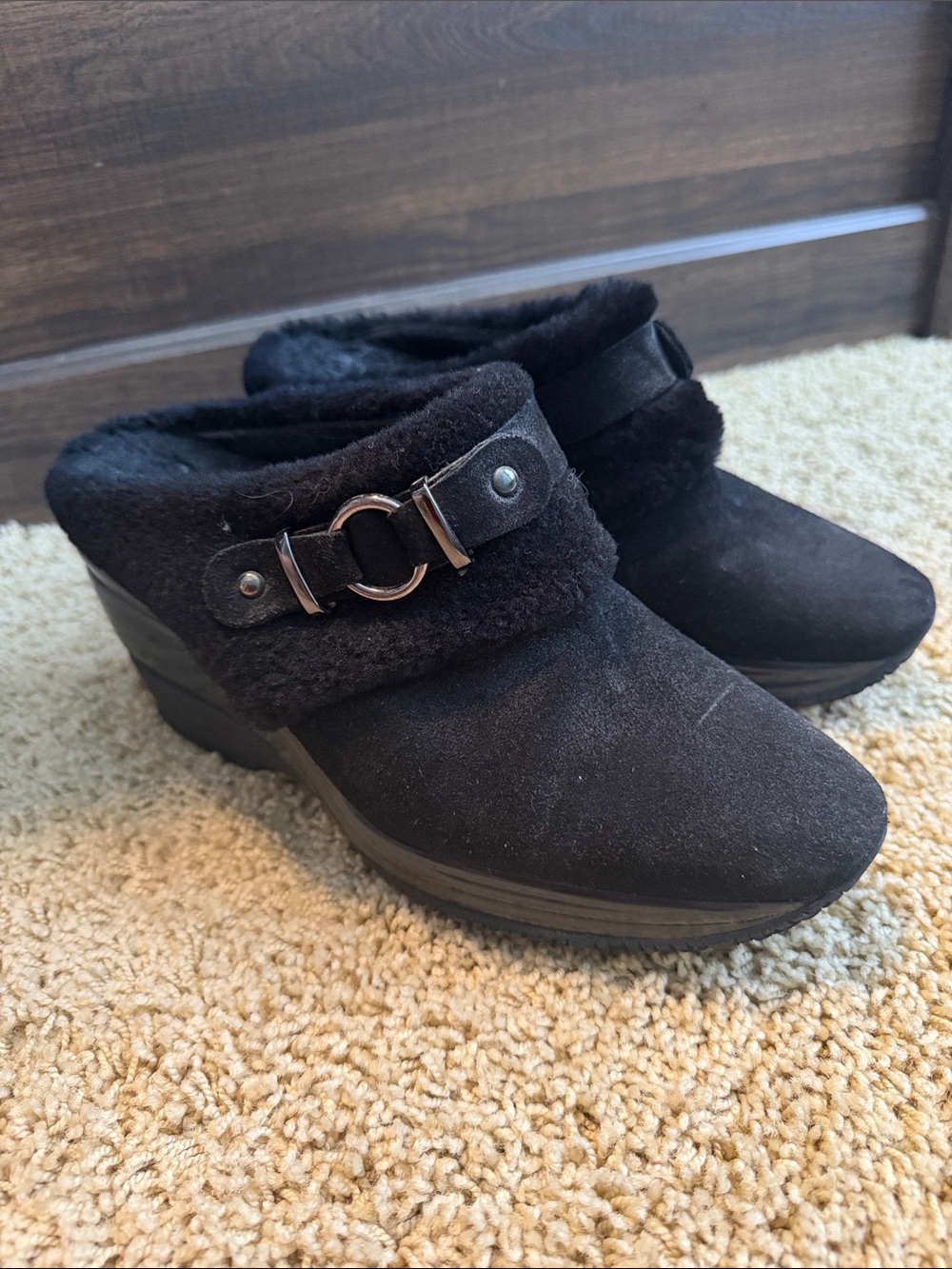 Italian Women's Black Suede Slip-On Wedge Clog with Faux Fur Trim